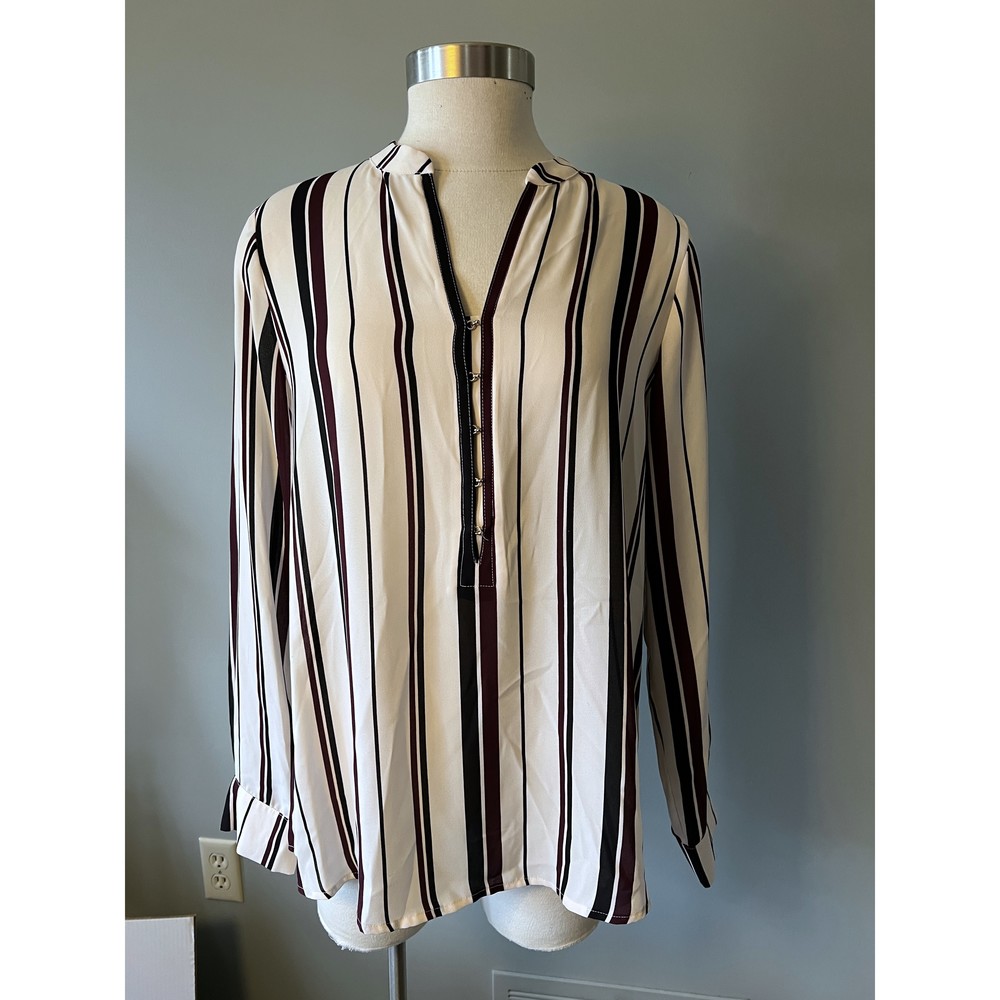 Ivanka Trump Sz L Striped Cream Burgundy hook closure Black Blouse Top POSH55